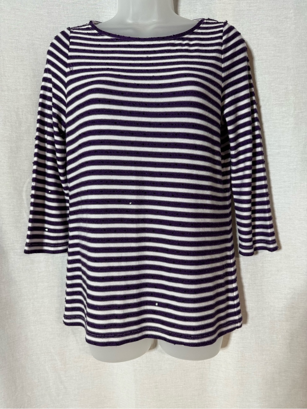 Talbots Purple and White Striped sequins 3/4 Sleeve Boatneck Top Size SP